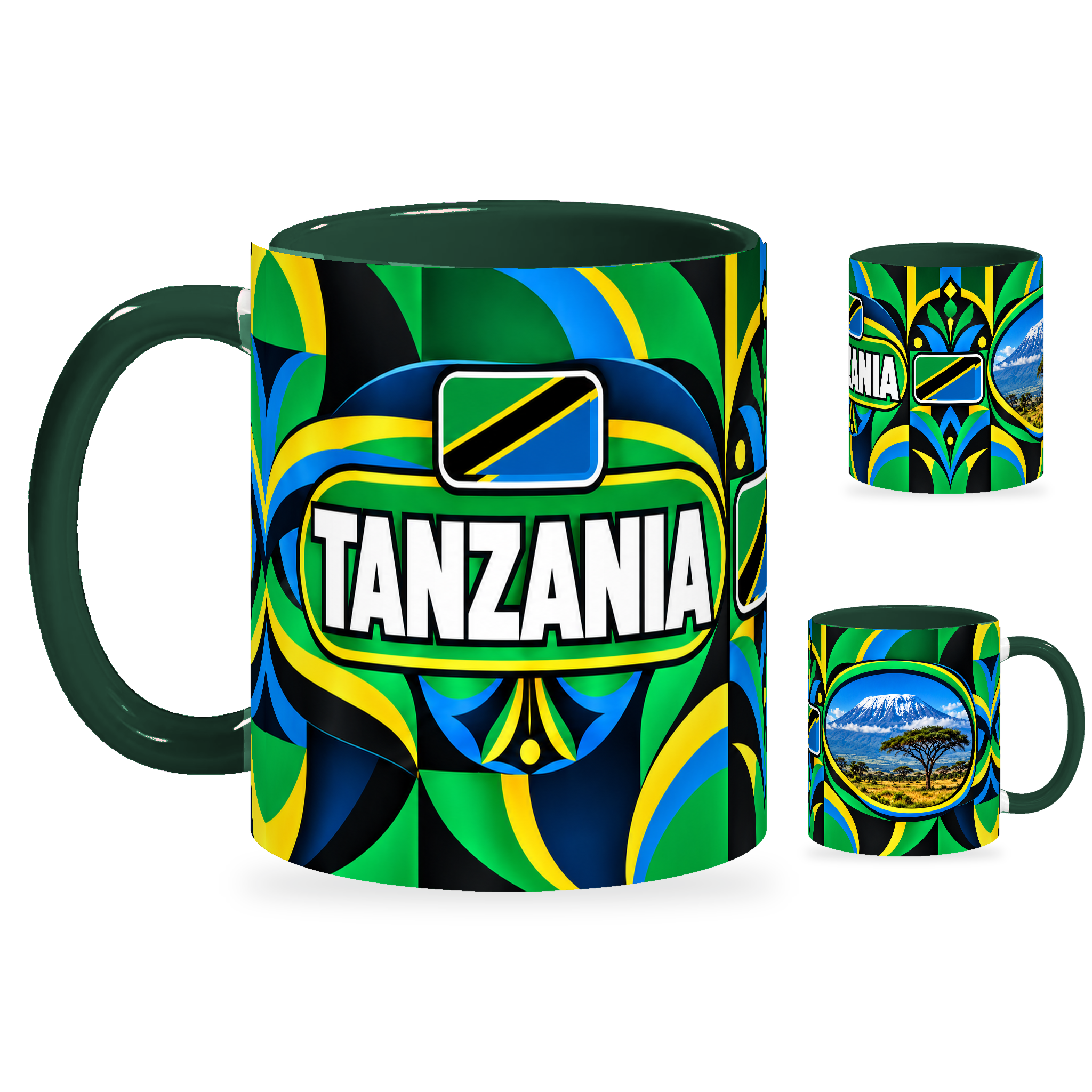 Tanzania Mug – 320ml with dark green handle, showing the country-name side plus companion centered-flag and landmark views of the glossy full-wrap design by Fann Bliss.