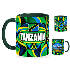 Tanzania Mug – 320ml with dark green handle, showing the country-name side plus companion centered-flag and landmark views of the glossy full-wrap design by Fann Bliss.
