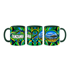 Tanzania Mug – 320ml with dark green handle, shown in three matching angles of the glossy full-wrap design by Fann Bliss.