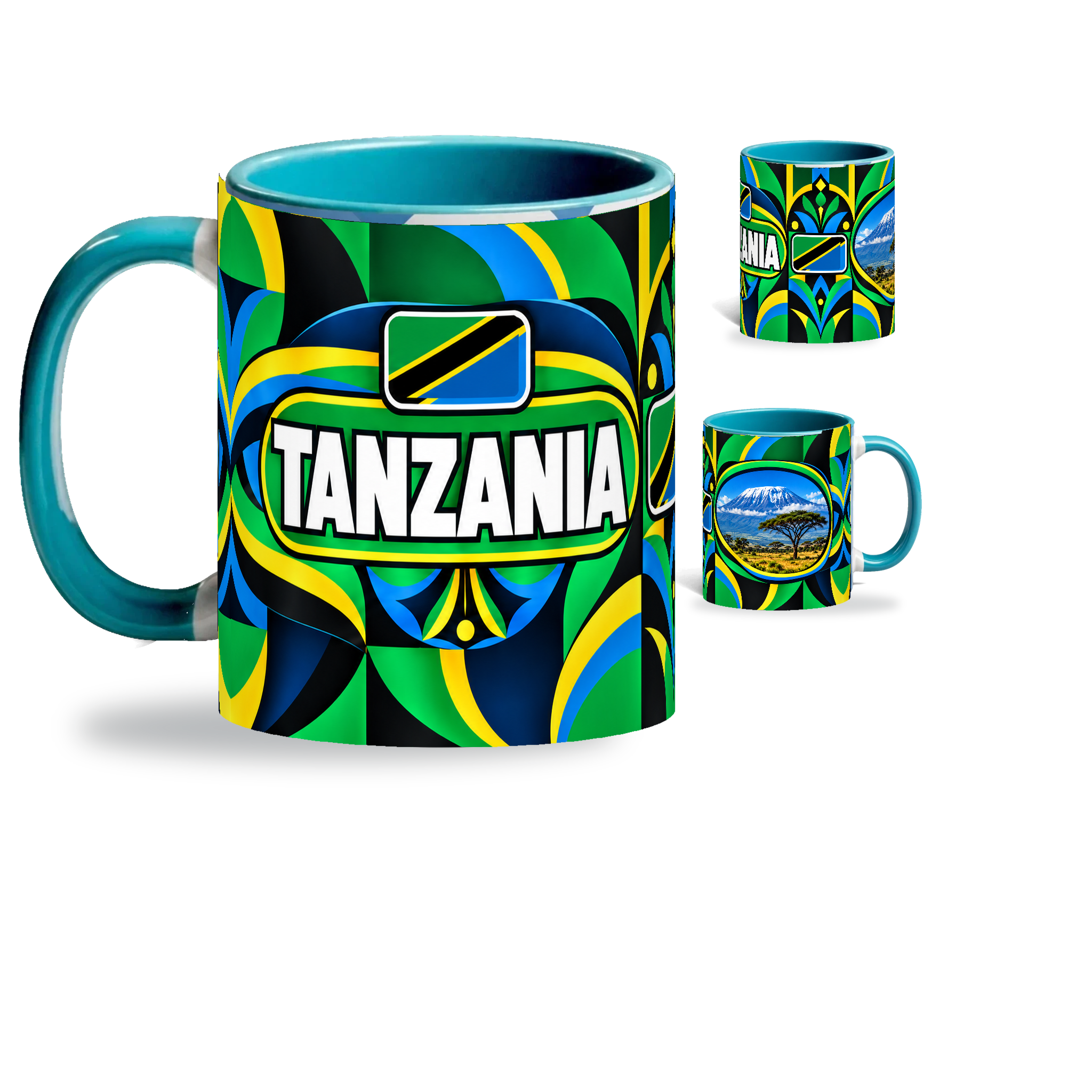 Tanzania Mug Teal – 320ml with teal handle, showing the country-name side plus companion centered-flag and landmark views of the glossy full-wrap design by Fann Bliss.