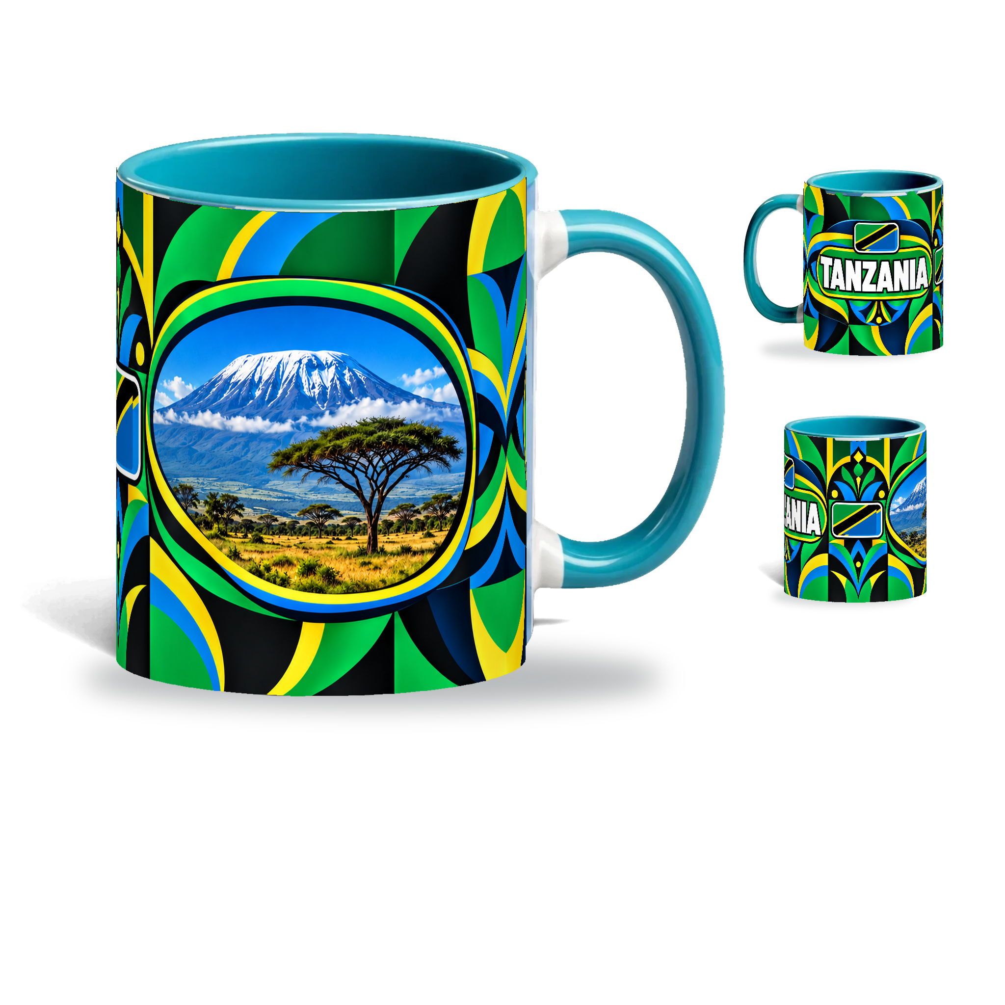 Tanzania Mug Teal – 320ml with teal handle, showing the landmark side plus companion country-name and centered-flag views of the glossy full-wrap design by Fann Bliss.