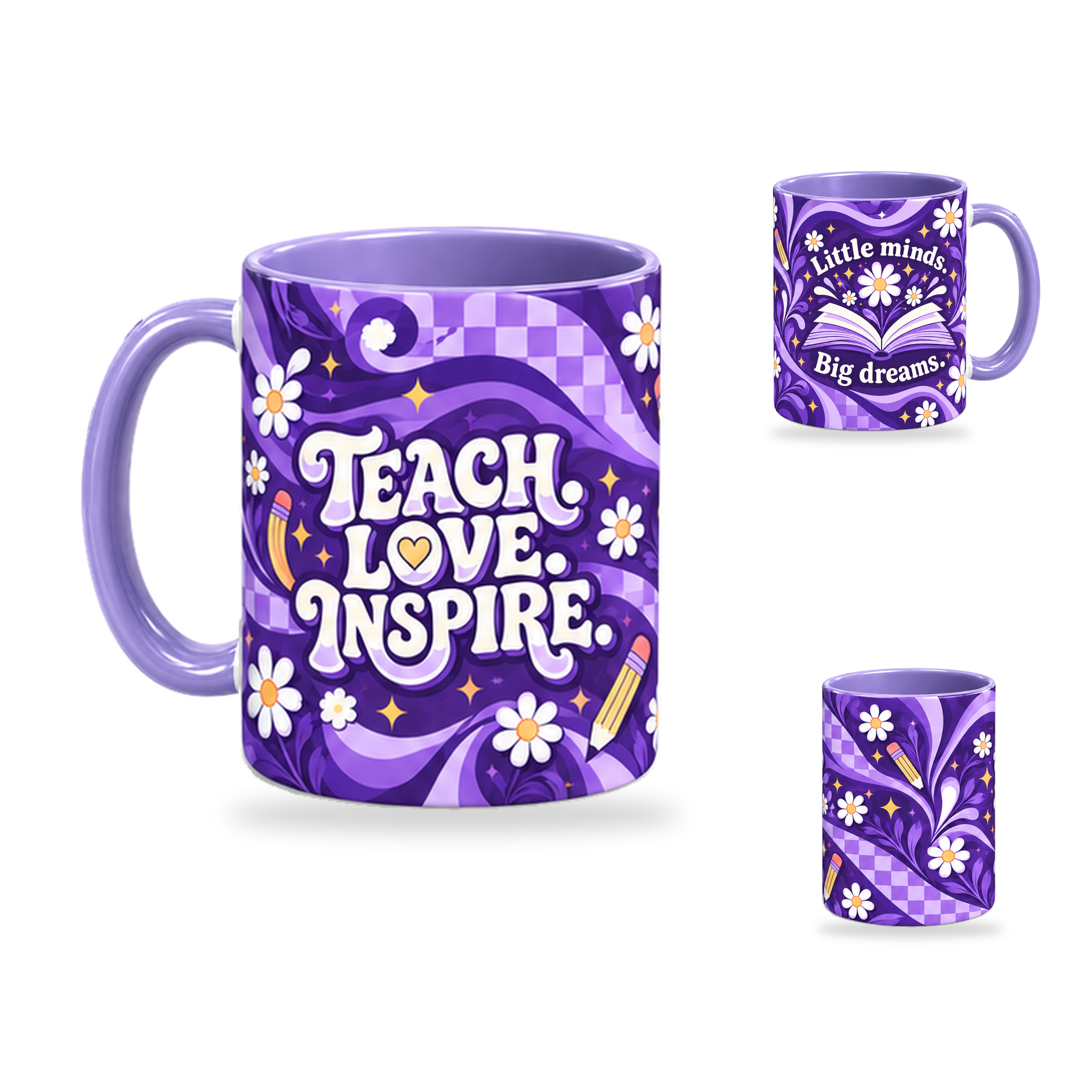 Light purple teacher mug, Teach Love Inspire side with opposite and centre views