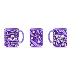 Light purple teacher mug, three-view overview showing both quotes and centre pattern