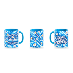 Teach Love Repeat Mug – 320ml, Light Blue ceramic mug, three-angle overview of the Teacher’s Day artwork