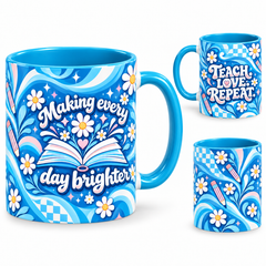 Teach Love Repeat Mug – 320ml, light blue ceramic mug, views of the full-wrap Teacher’s Day design