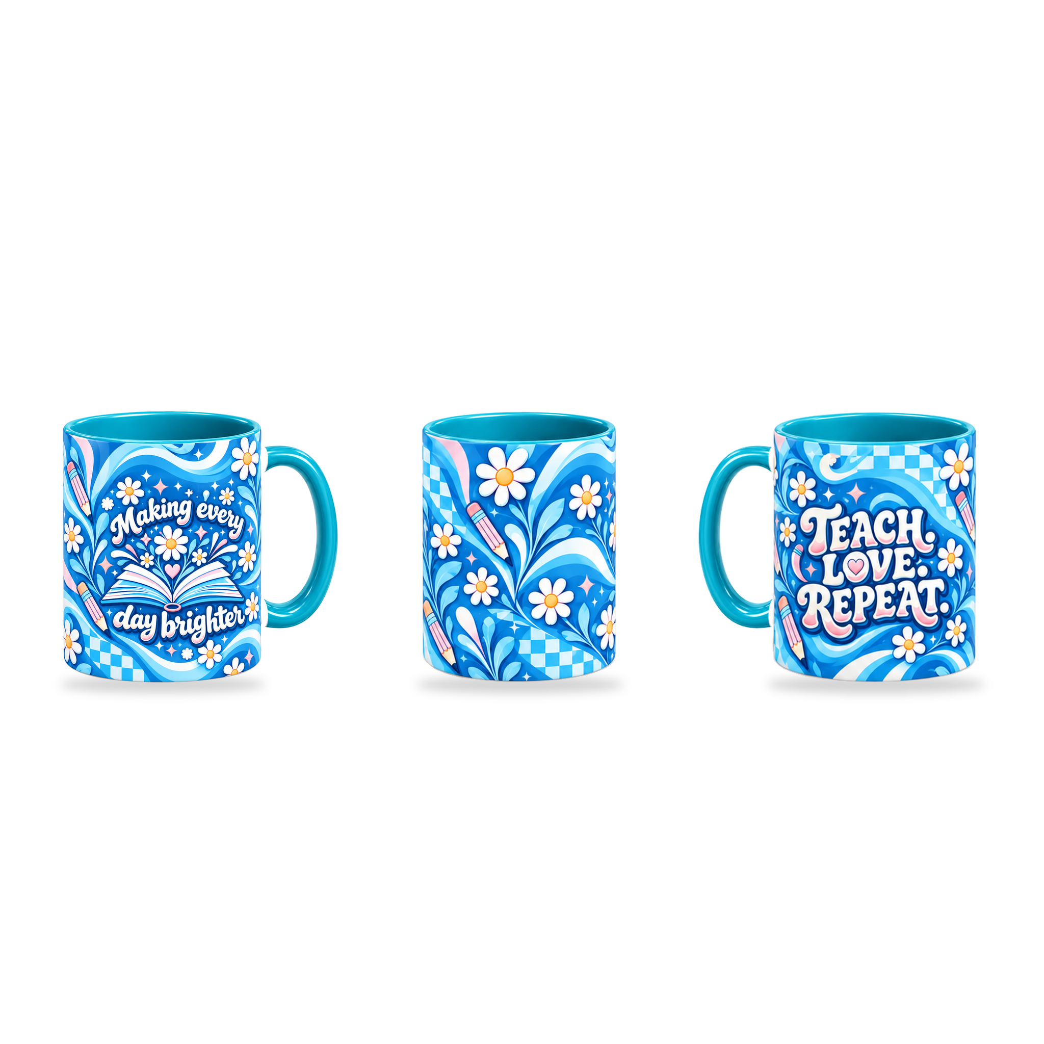 Teach Love Repeat Mug – 320ml, Teal ceramic mug, three-angle overview of the Teacher’s Day artwork