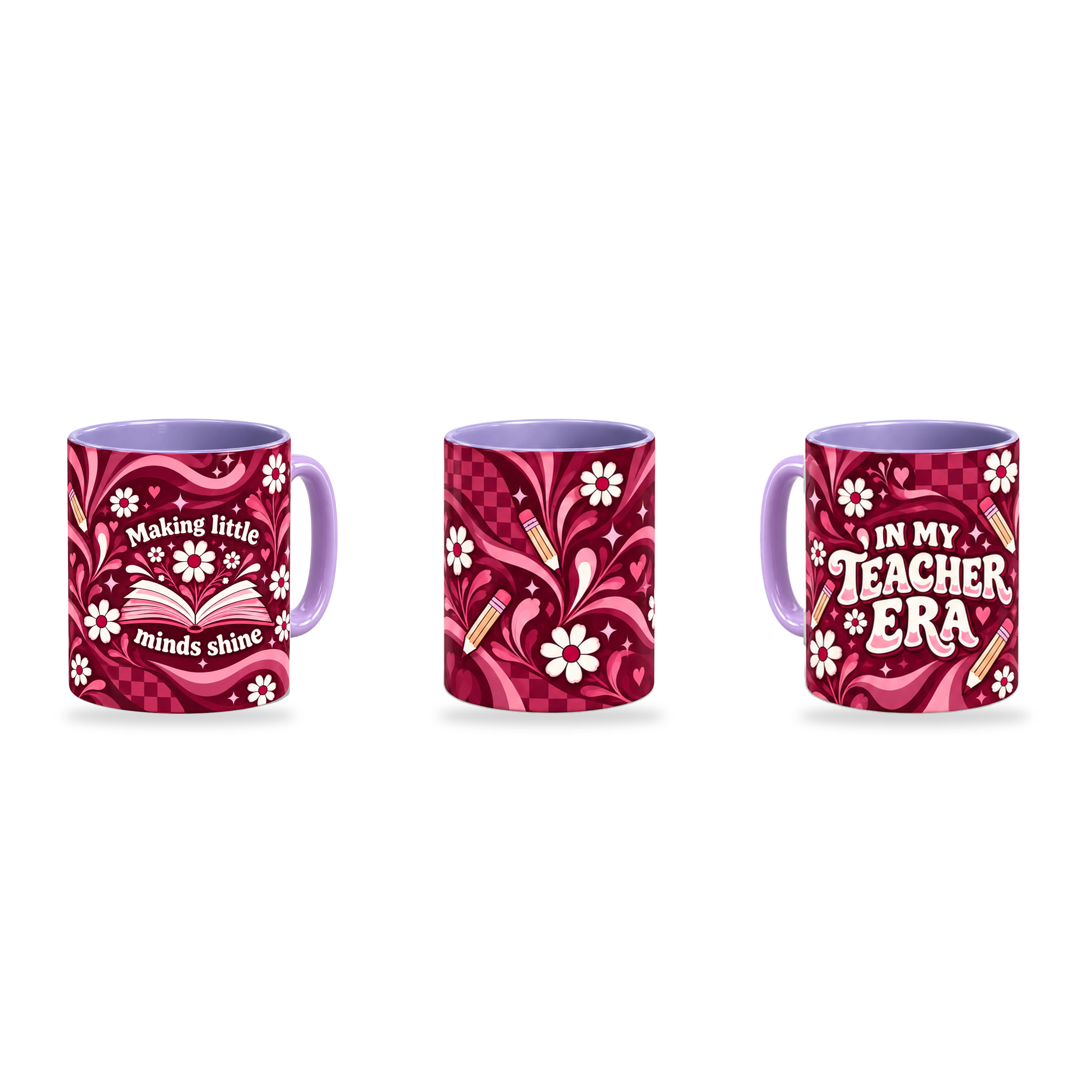 Teacher Era Mug – 320ml, Light Purple ceramic mug, three-angle overview of the Teacher’s Day artwork