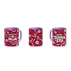 Teacher Era Mug – 320ml, Light Purple ceramic mug, three-angle overview of the Teacher’s Day artwork