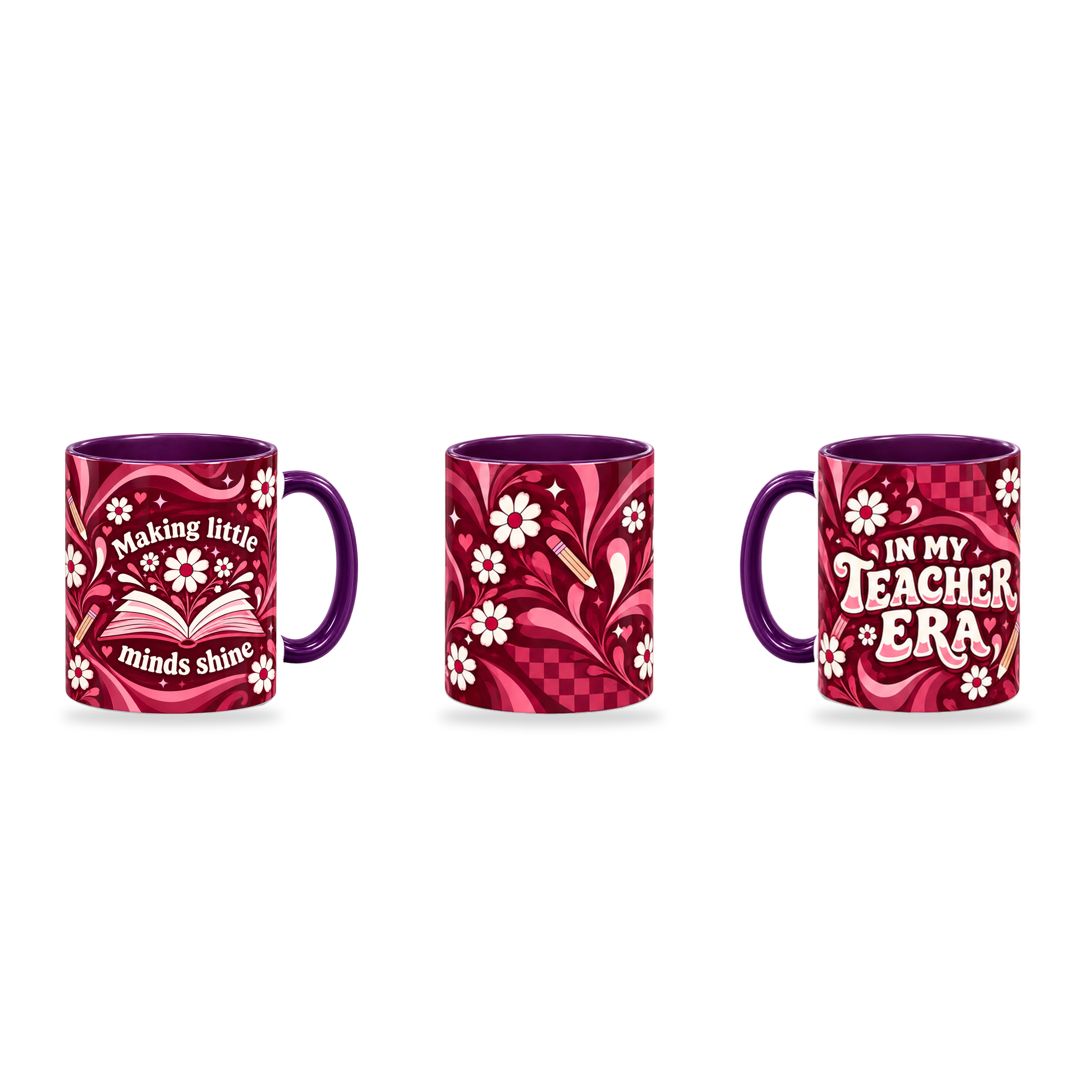 Teacher Era Mug – 320ml, Purple ceramic mug, three-angle overview of the Teacher’s Day artwork