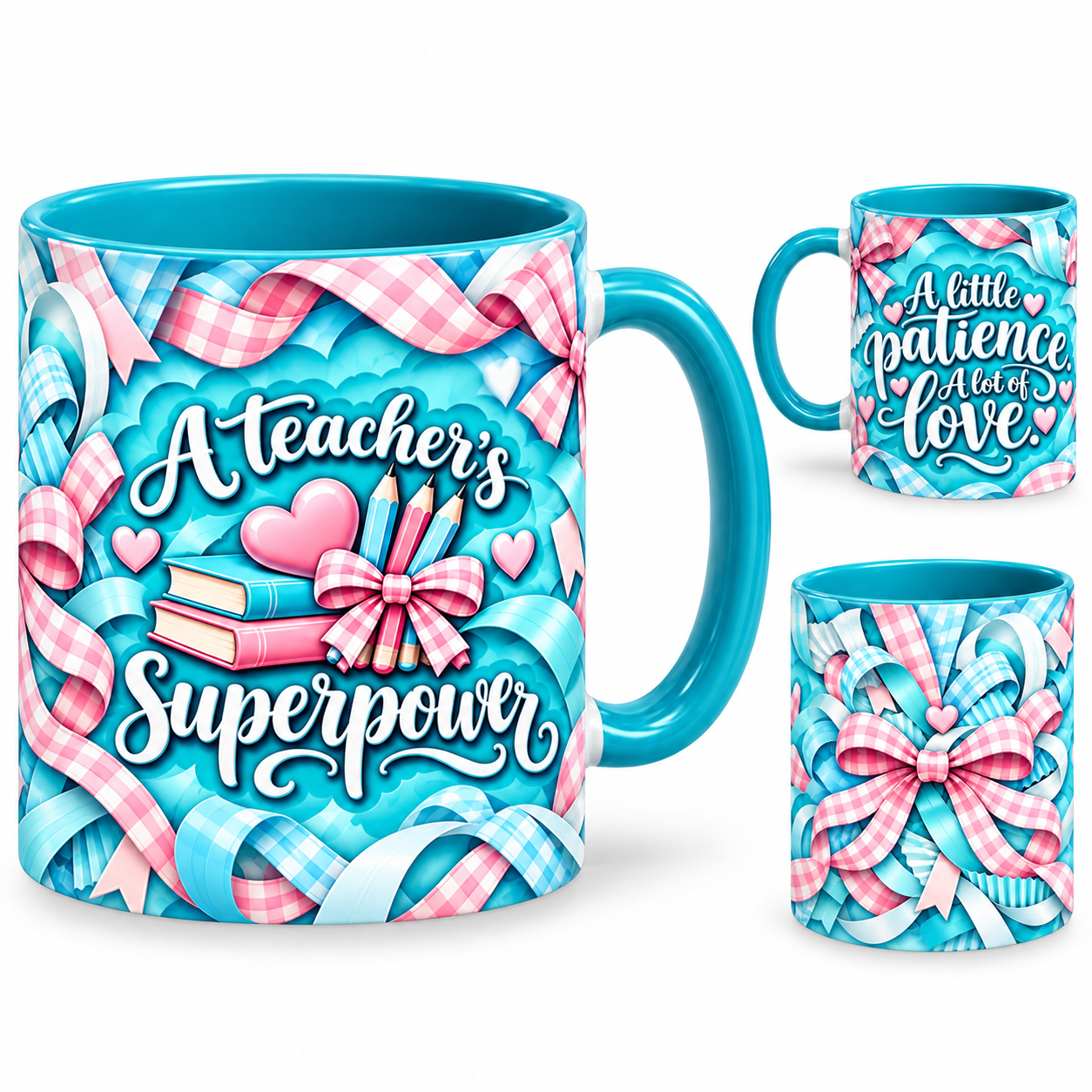 Teacher Superpower Mug – 320ml, teal ceramic mug, views of the full-wrap Teacher’s Day design