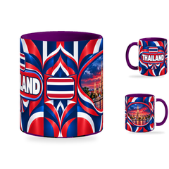 Thailand Mug Purple – 320ml with purple handle, showing the centered flag view plus companion country-name and landmark views of the glossy full-wrap design by Fann Bliss.