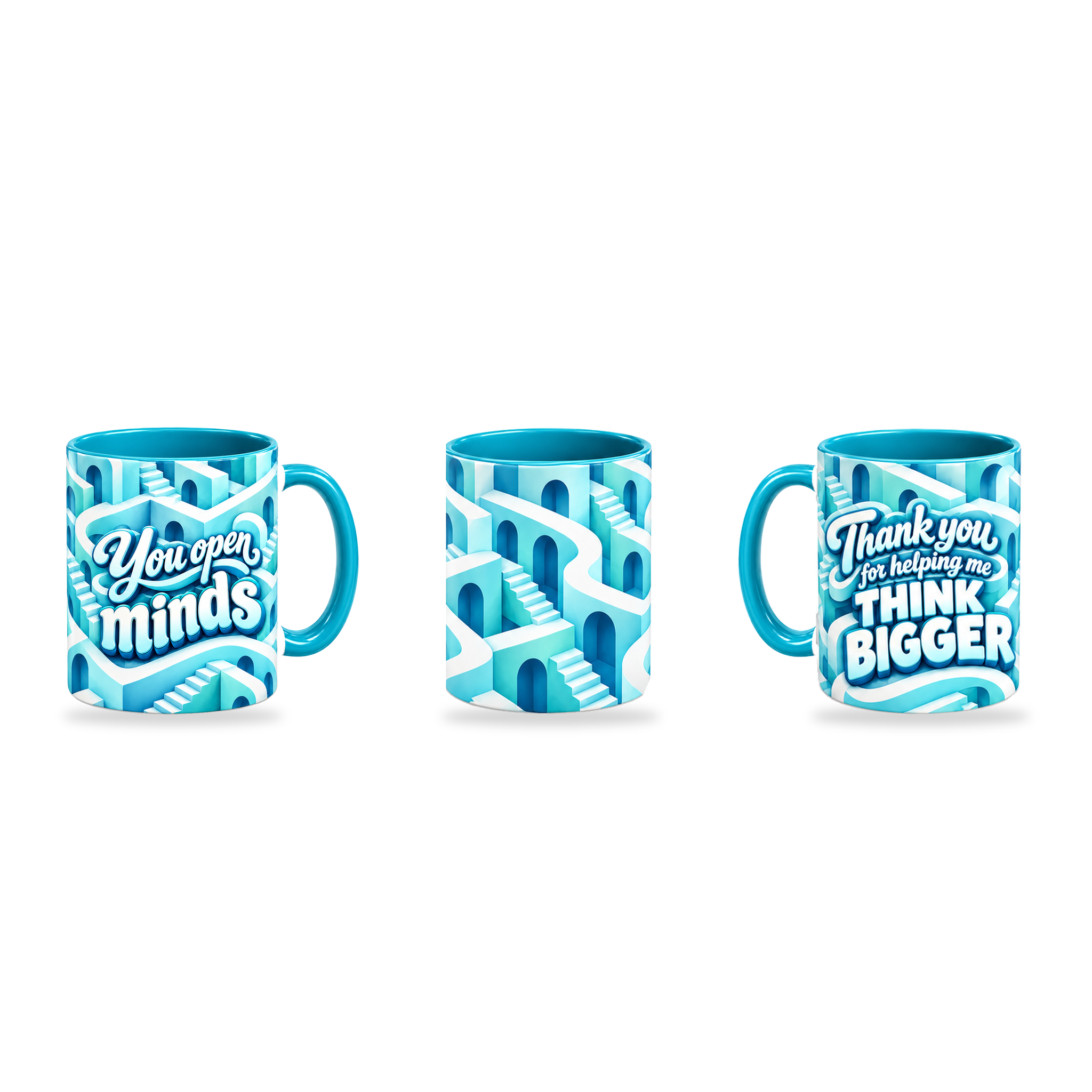 Think Bigger Mug – 320ml, Teal ceramic mug, three-angle overview of the Teacher’s Day artwork