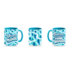 Think Bigger Mug – 320ml, Teal ceramic mug, three-angle overview of the Teacher’s Day artwork