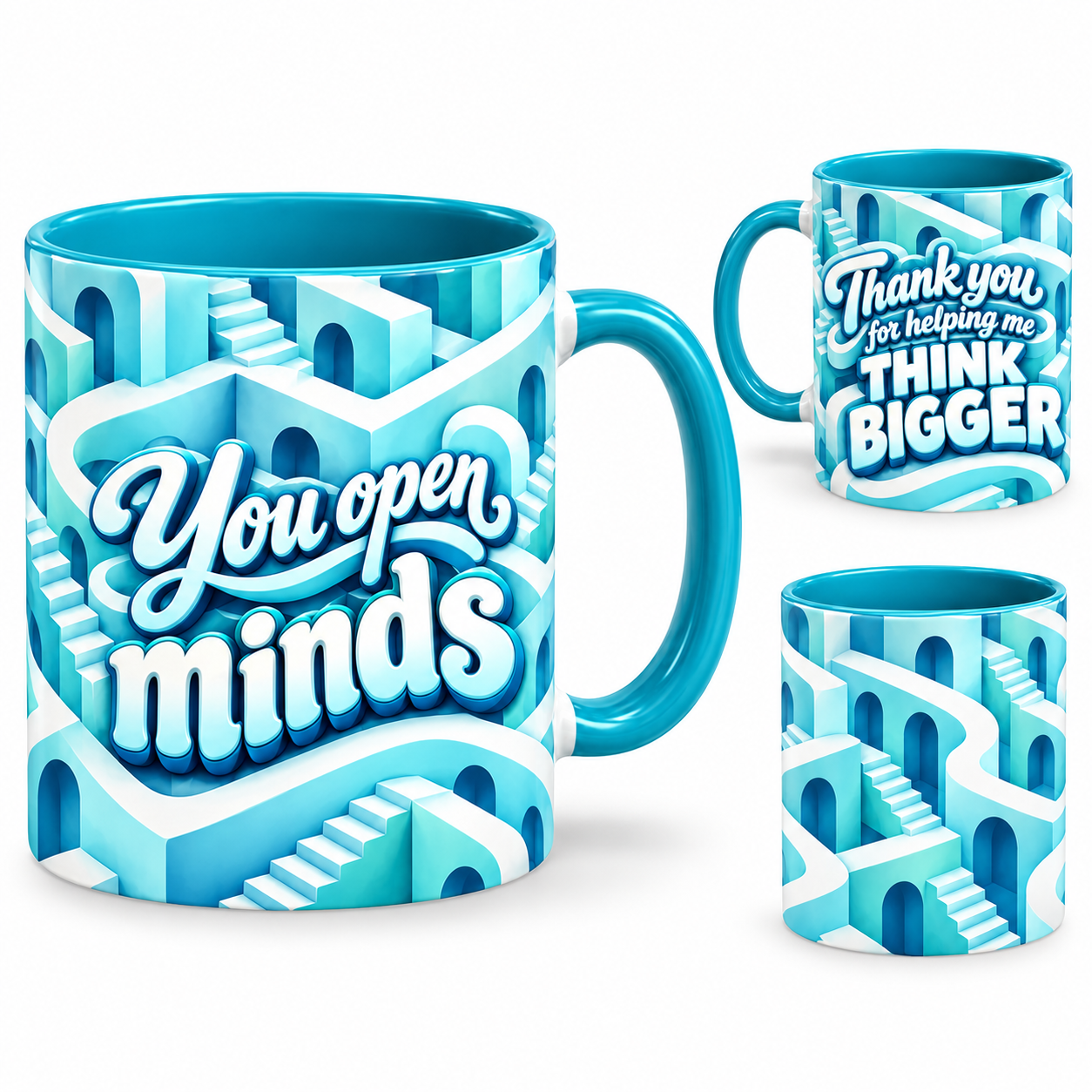Think Bigger Mug – 320ml, teal ceramic mug, views of the full-wrap Teacher’s Day design