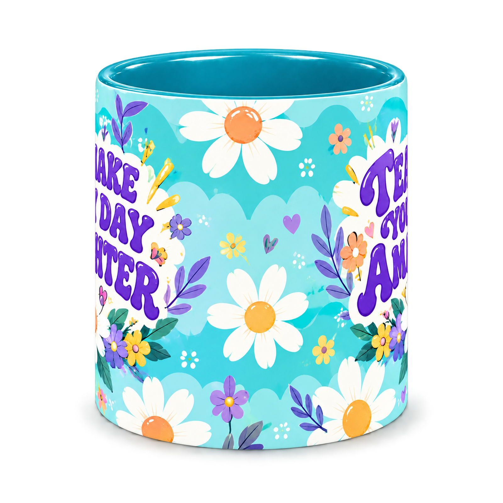 Tiffany Daisy Sunshine Teacher Mug, teal – centre view of the full-wrap pattern