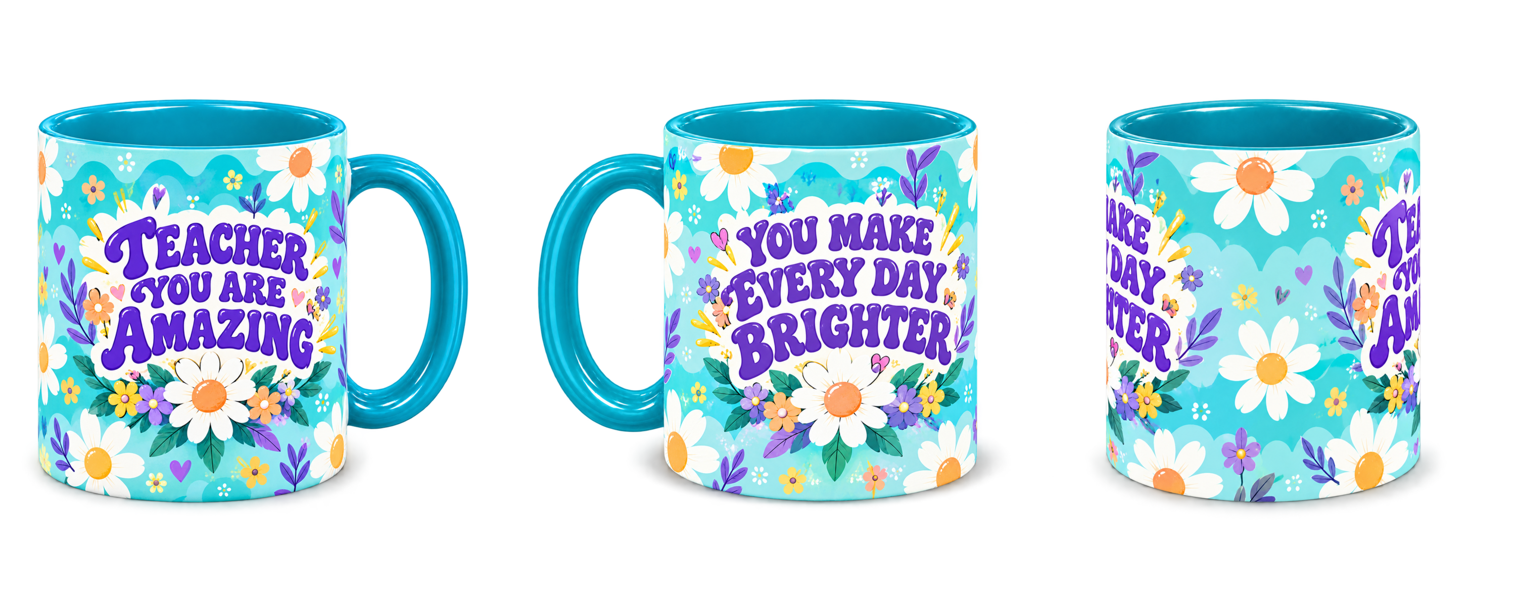 Tiffany Daisy Sunshine Teacher Mug, teal – right, left and centre views side by side