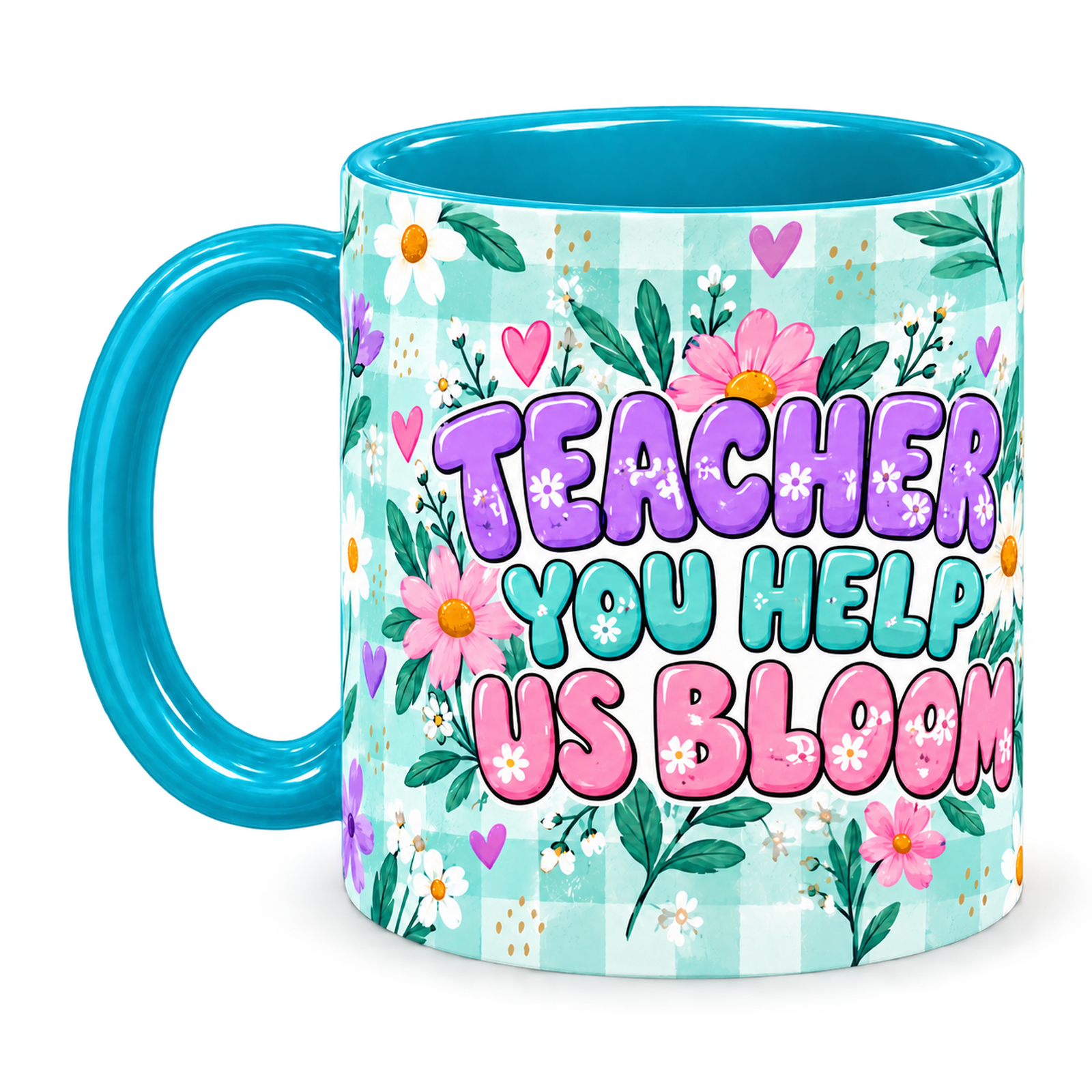 Tiffany Gingham Garden Teacher Mug, teal – handle on the left, TEACHER YOU HELP US BLOOM