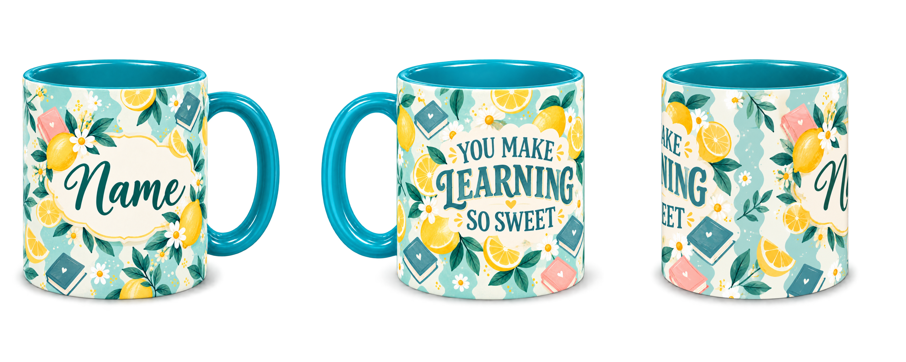 Tiffany Lemon Lessons Teacher Mug, teal – right, left and centre views side by side
