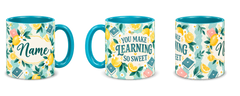 Tiffany Lemon Lessons Teacher Mug, teal – right, left and centre views side by side