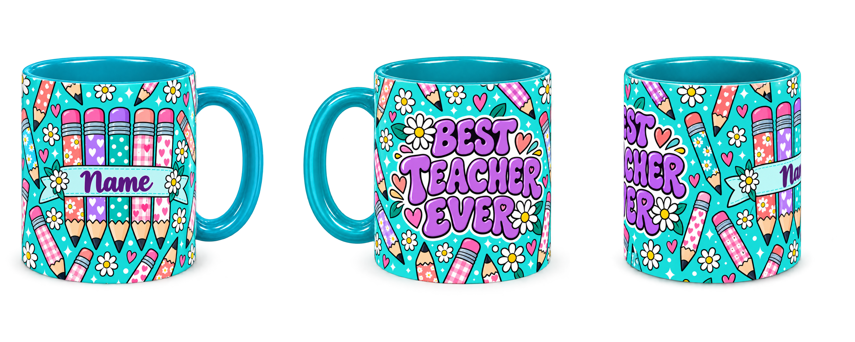 Tiffany Pencil Parade Teacher Mug, teal – right, left and centre views side by side