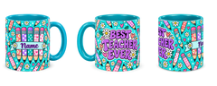 Tiffany Pencil Parade Teacher Mug, teal – right, left and centre views side by side