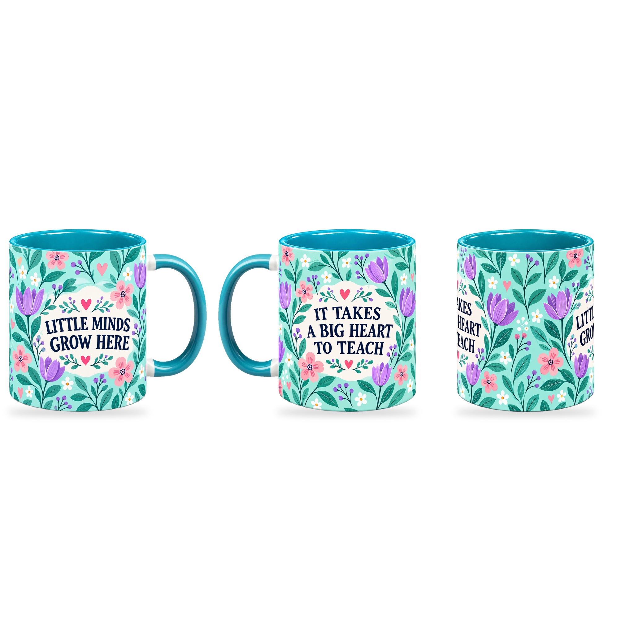 Tiffany Tulip Tile Teacher Mug – 320ml — right, left and front views together on a transparent background