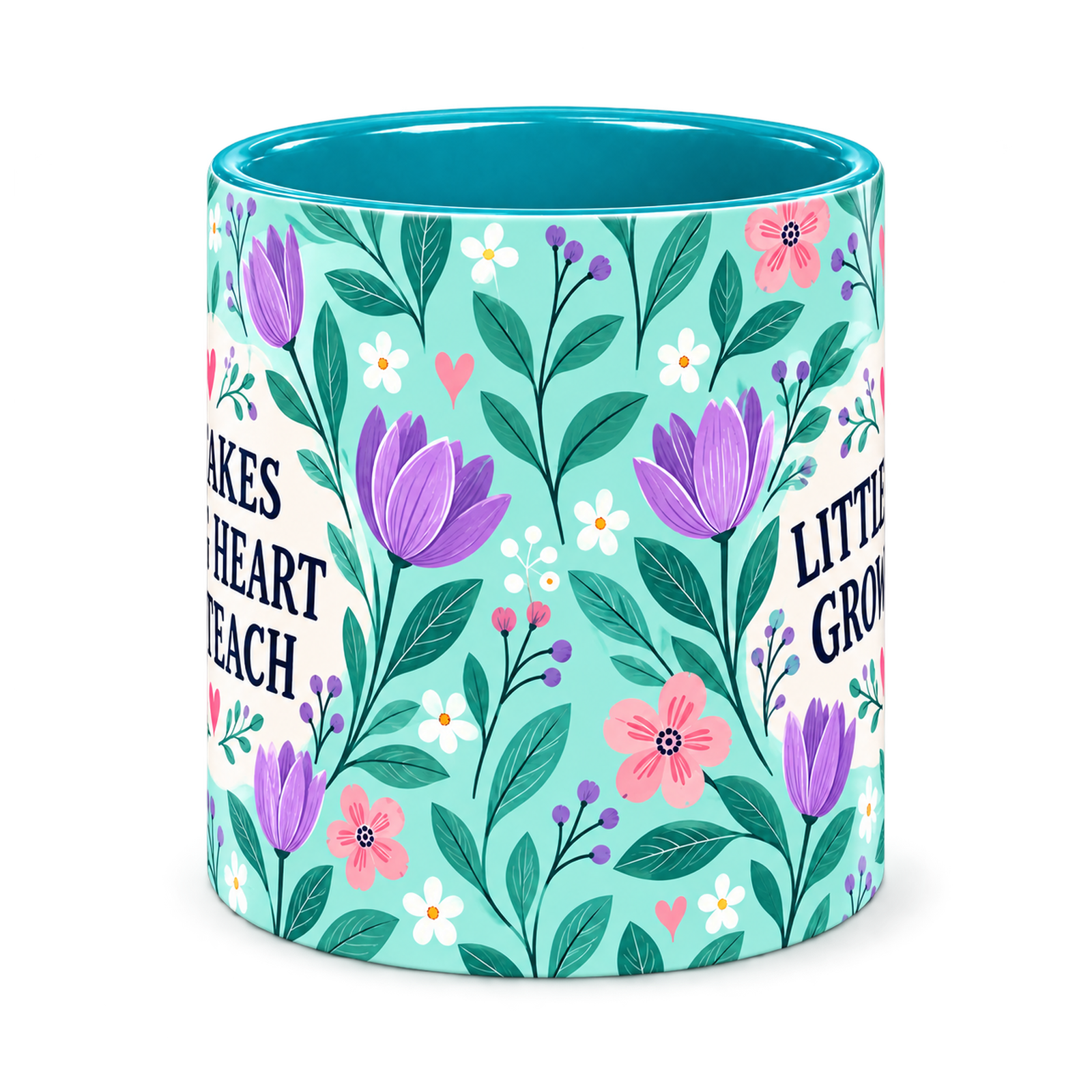 Tiffany Tulip Tile Teacher Mug, teal – centre view of the full-wrap pattern