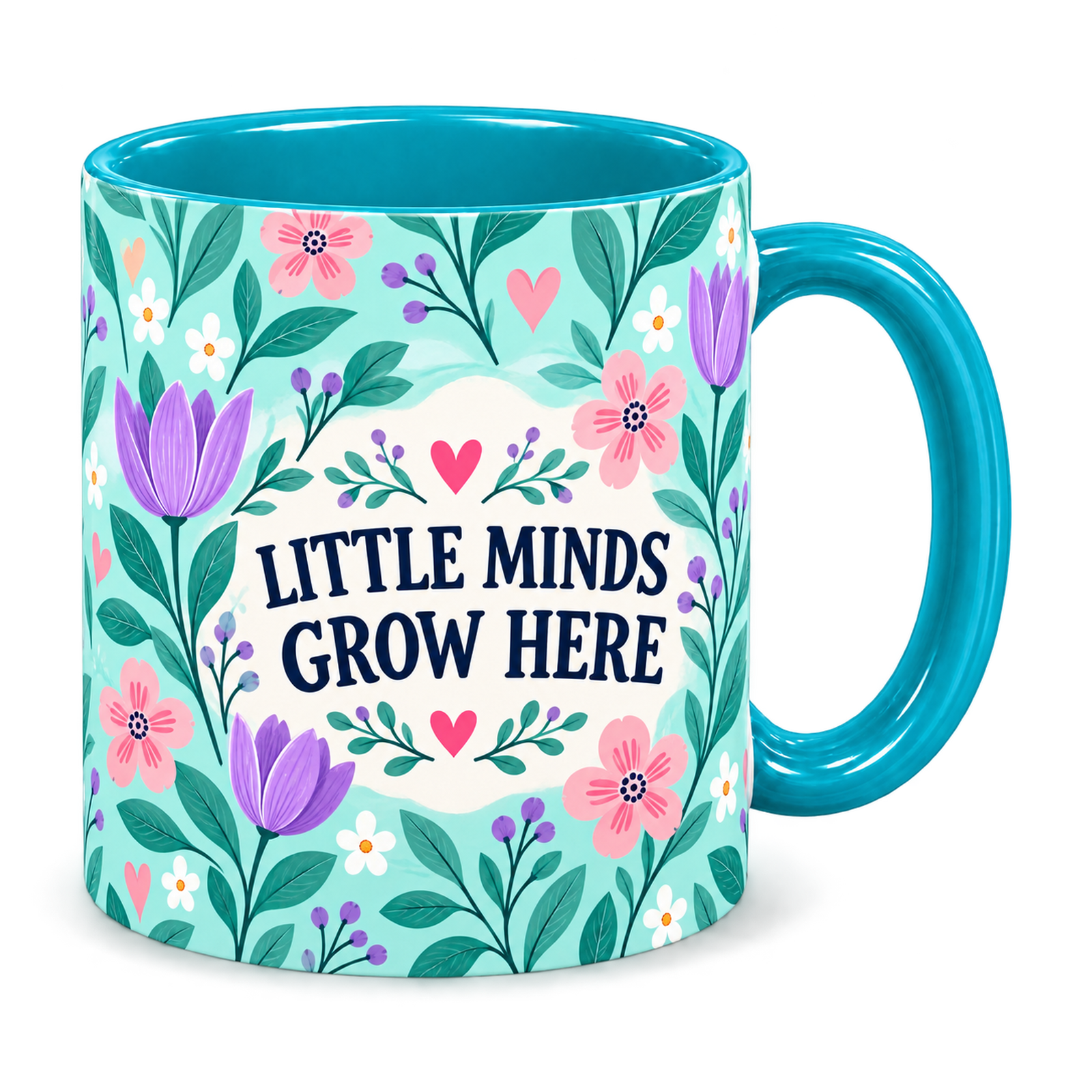 Tiffany Tulip Tile Teacher Mug, teal – handle on the right, LITTLE MINDS GROW HERE