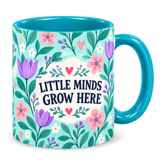 Tiffany Tulip Tile Teacher Mug, teal – handle on the right, LITTLE MINDS GROW HERE