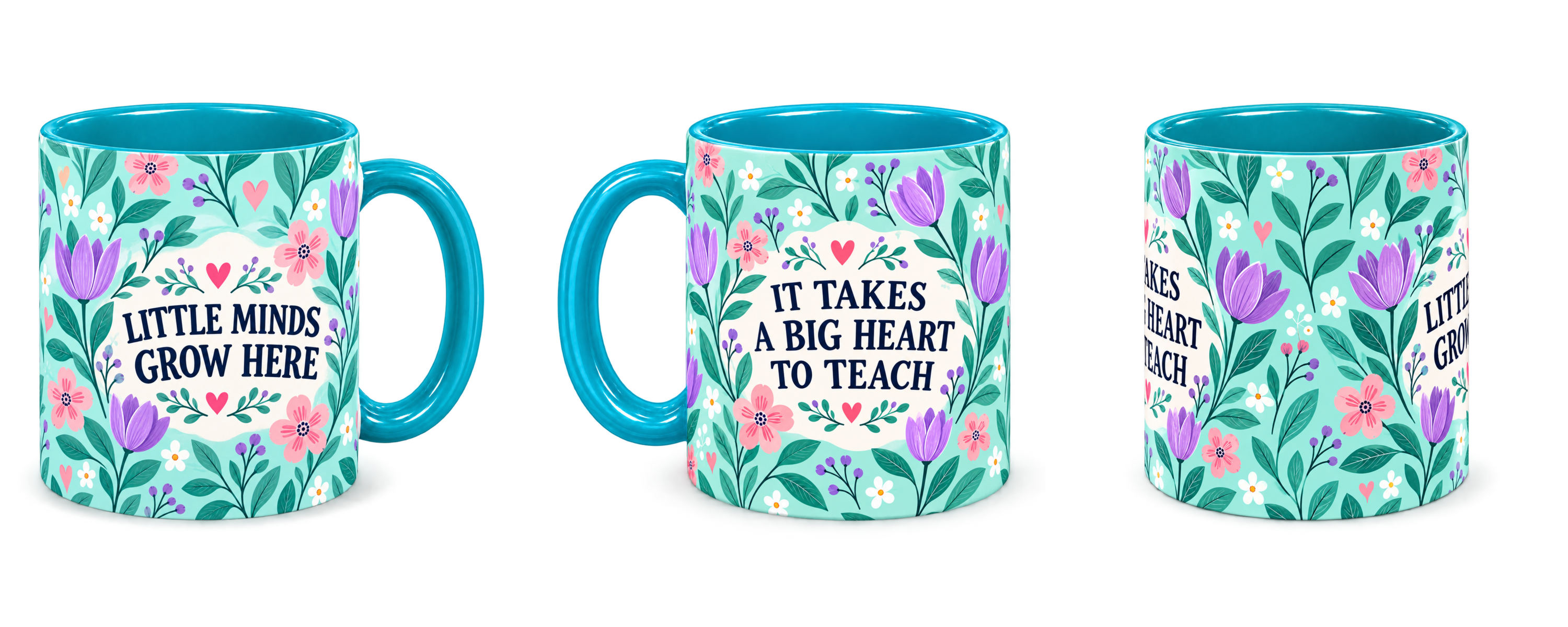 Tiffany Tulip Tile Teacher Mug, teal – right, left and centre views side by side