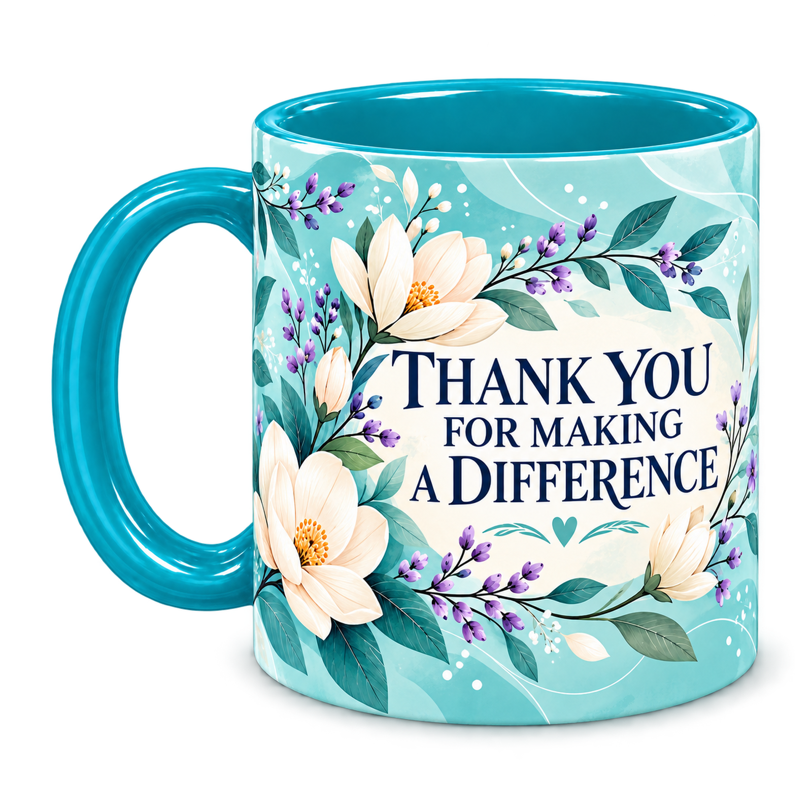 Turquoise Botanical Thanks Teacher Mug, teal – handle on the left, THANK YOU FOR MAKING A DIFFERENCE