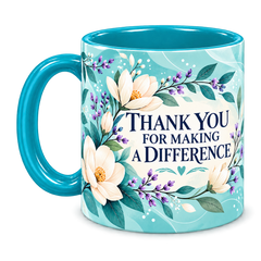 Turquoise Botanical Thanks Teacher Mug, teal – handle on the left, THANK YOU FOR MAKING A DIFFERENCE