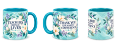 Turquoise Botanical Thanks Teacher Mug, teal – right, left and centre views side by side