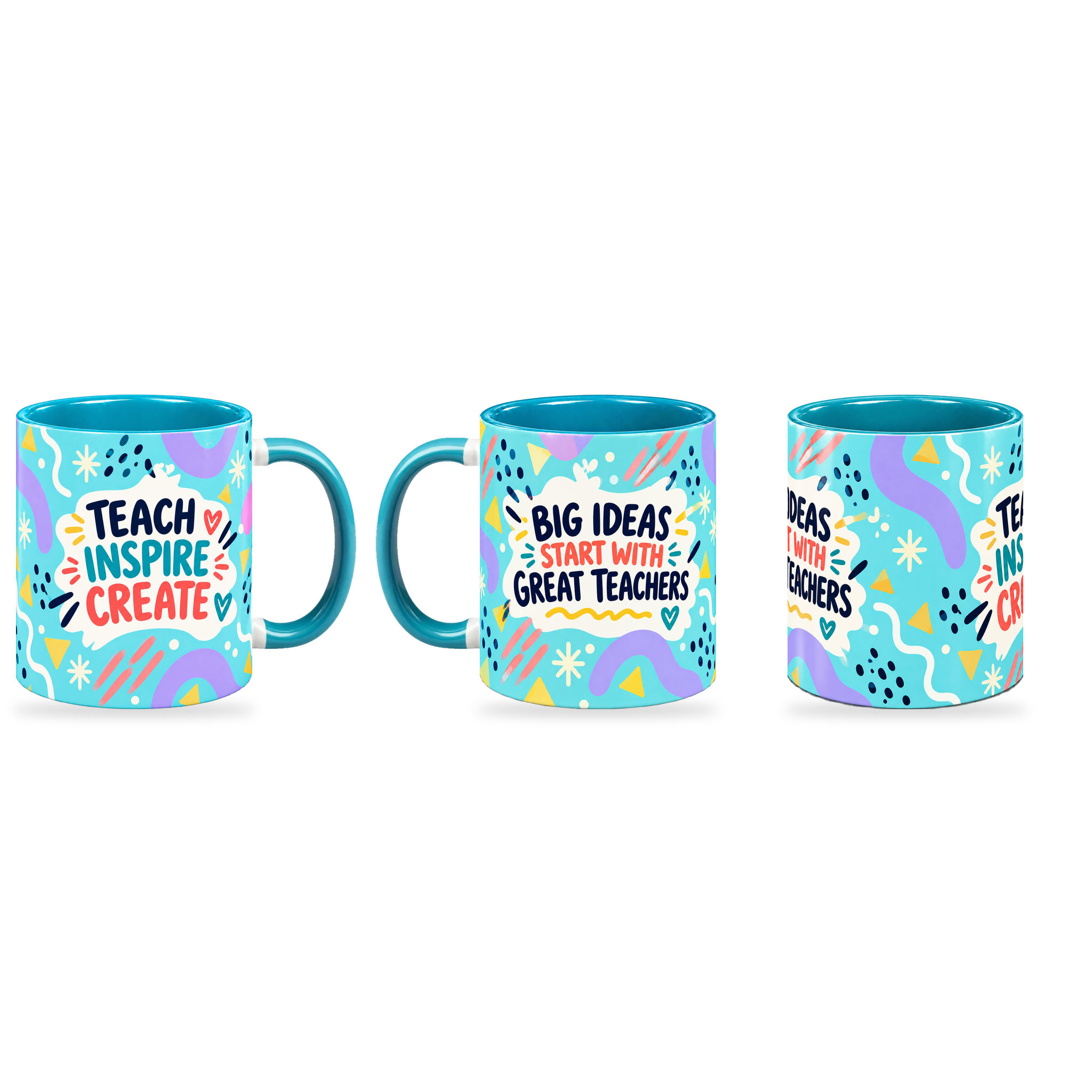 Turquoise Bright Ideas Teacher Mug – 320ml — right, left and front views together on a transparent background