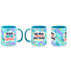 Turquoise Bright Ideas Teacher Mug – 320ml — right, left and front views together on a transparent background