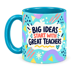 Turquoise Bright Ideas Teacher Mug, teal – handle on the left, BIG IDEAS START WITH GREAT TEACHERS