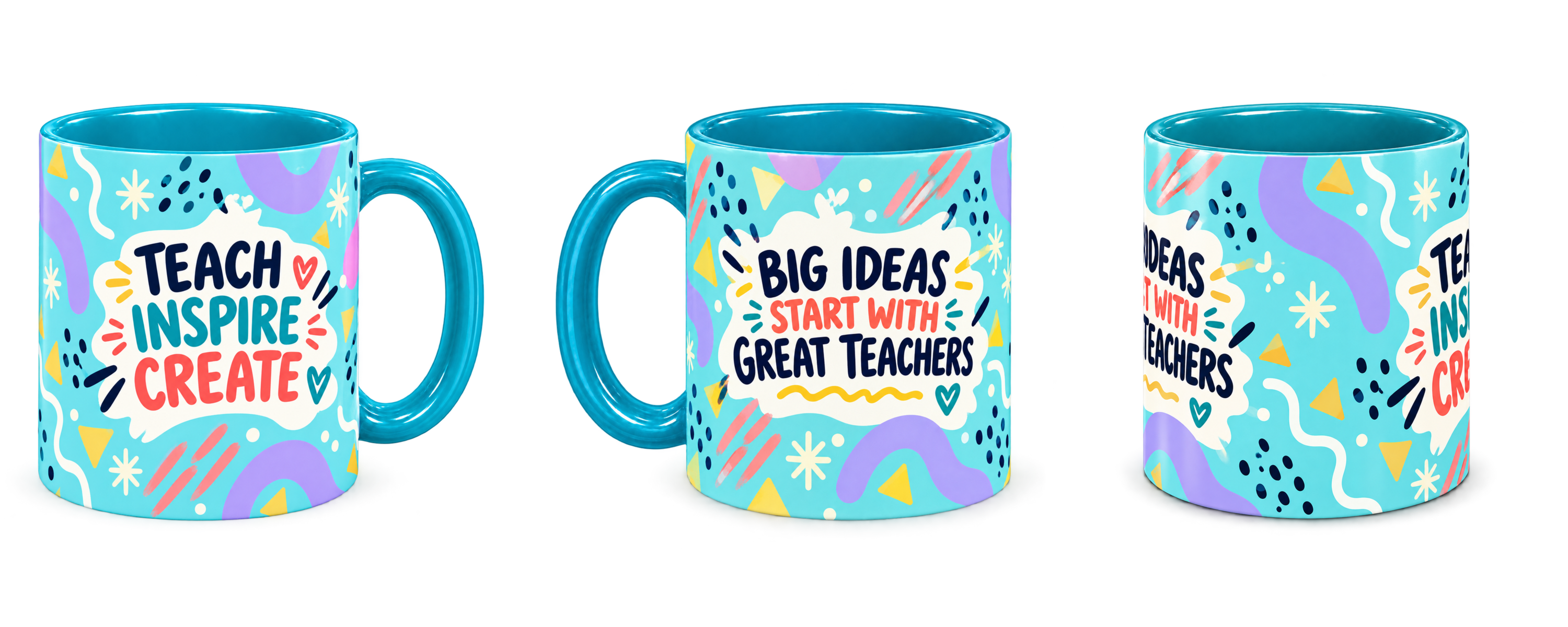 Turquoise Bright Ideas Teacher Mug, teal – right, left and centre views side by side
