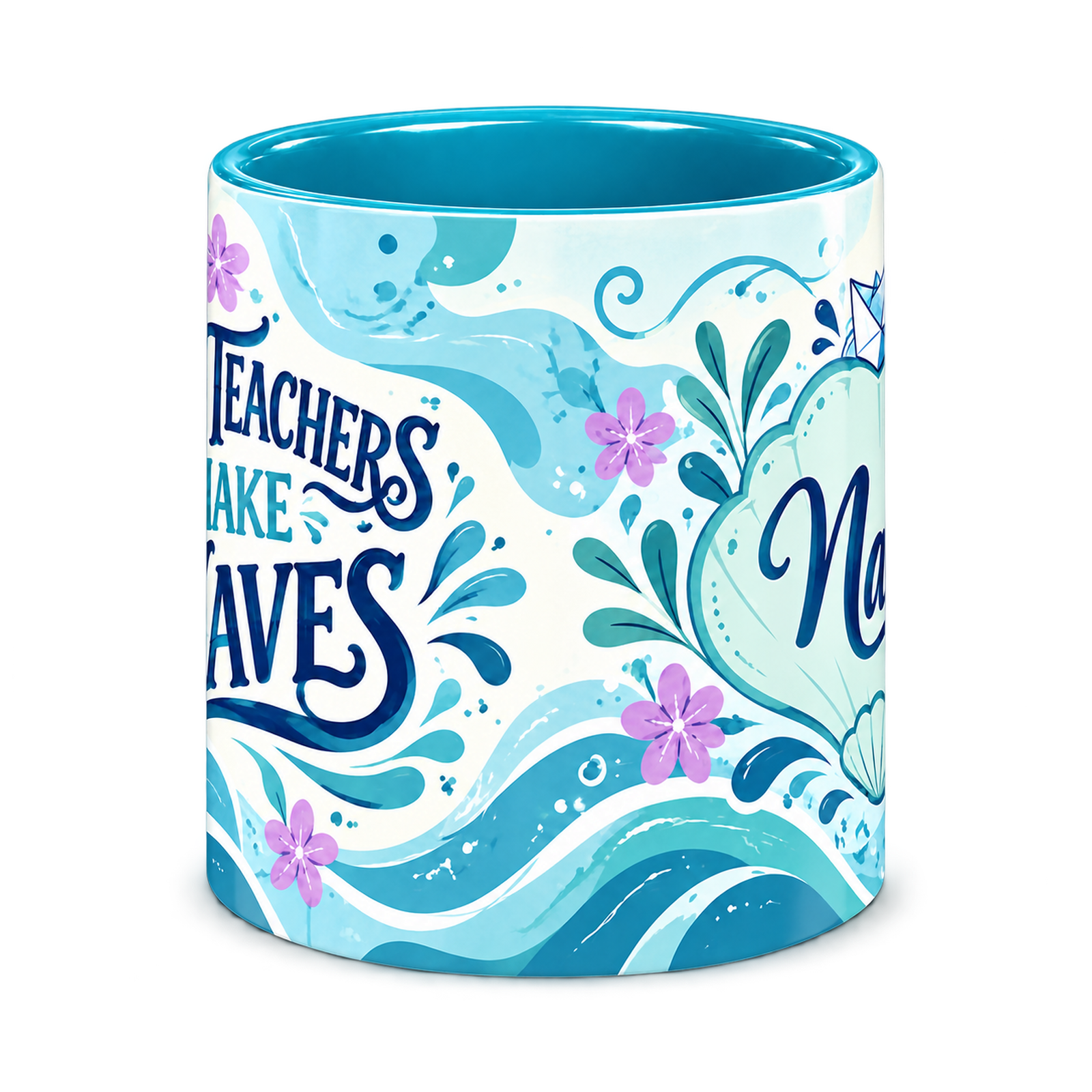 Turquoise Ripple Effect Teacher Mug, teal – centre view of the full-wrap pattern