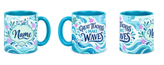 Turquoise Ripple Effect Teacher Mug, teal – right, left and centre views side by side