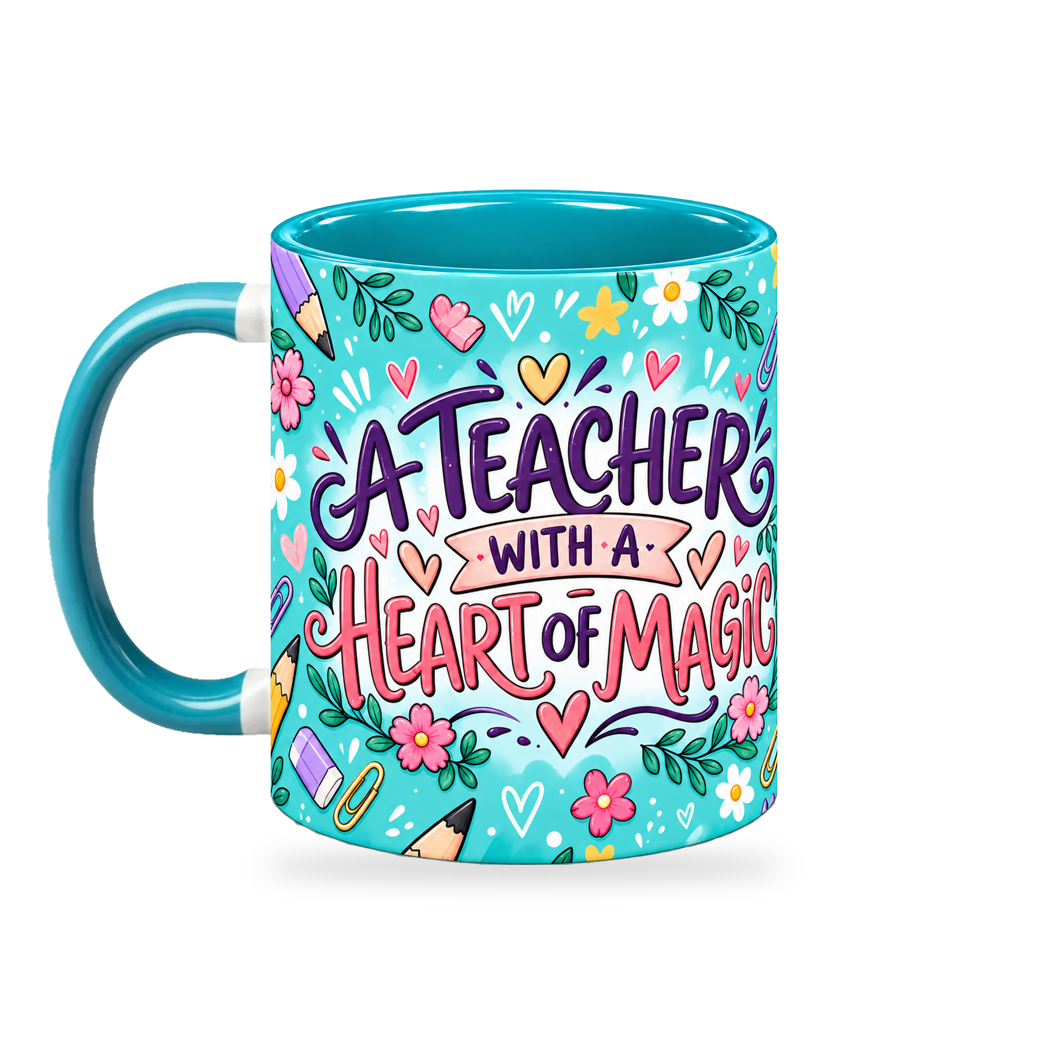 Turquoise Stationery Pocket Teacher Mug – 320ml — left view on a transparent background