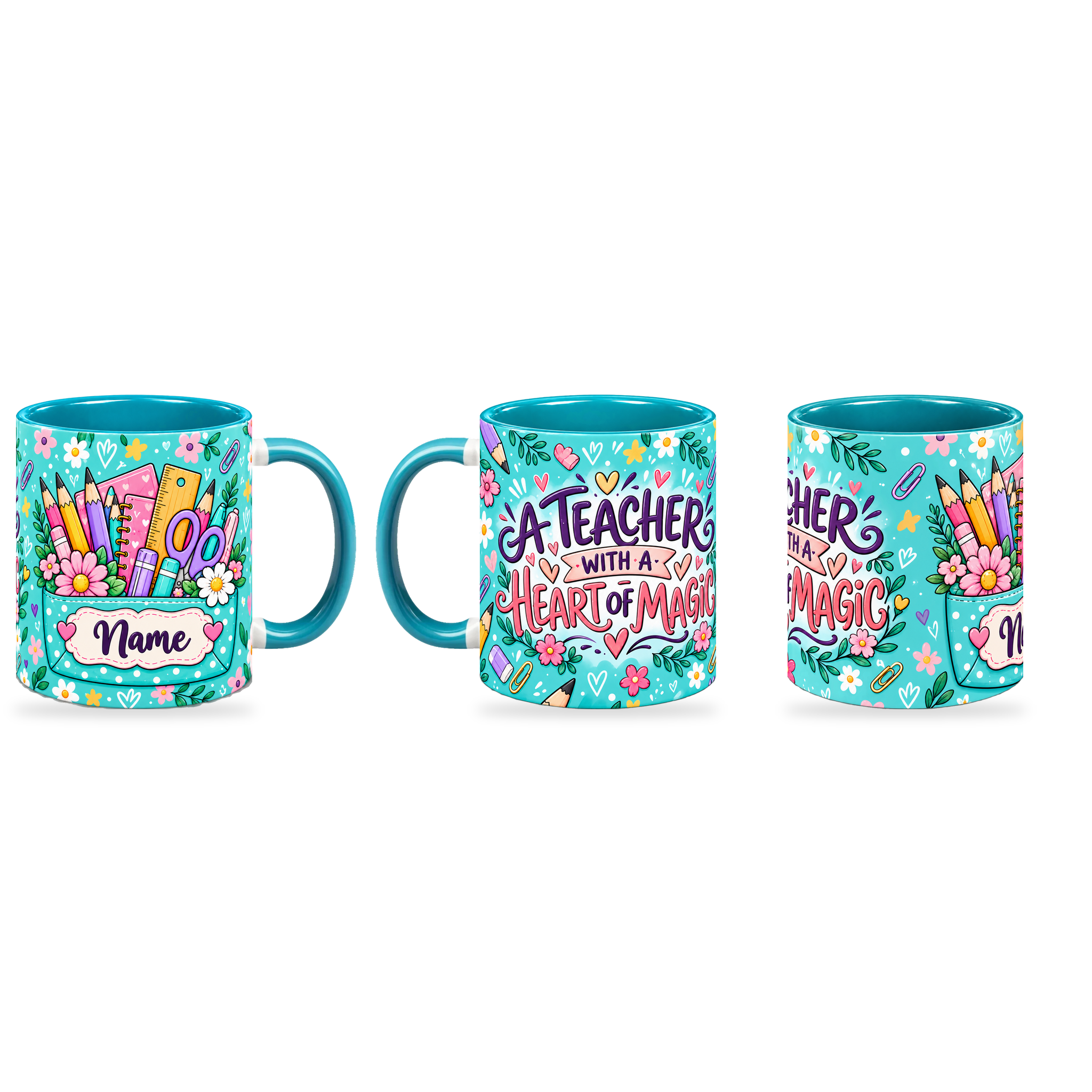 Turquoise Stationery Pocket Teacher Mug – 320ml — right, left and front views together on a transparent background
