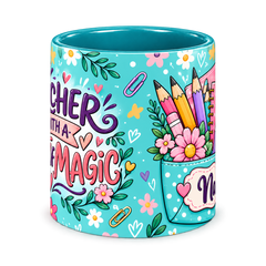 Turquoise Stationery Pocket Teacher Mug, teal – centre view of the full-wrap pattern