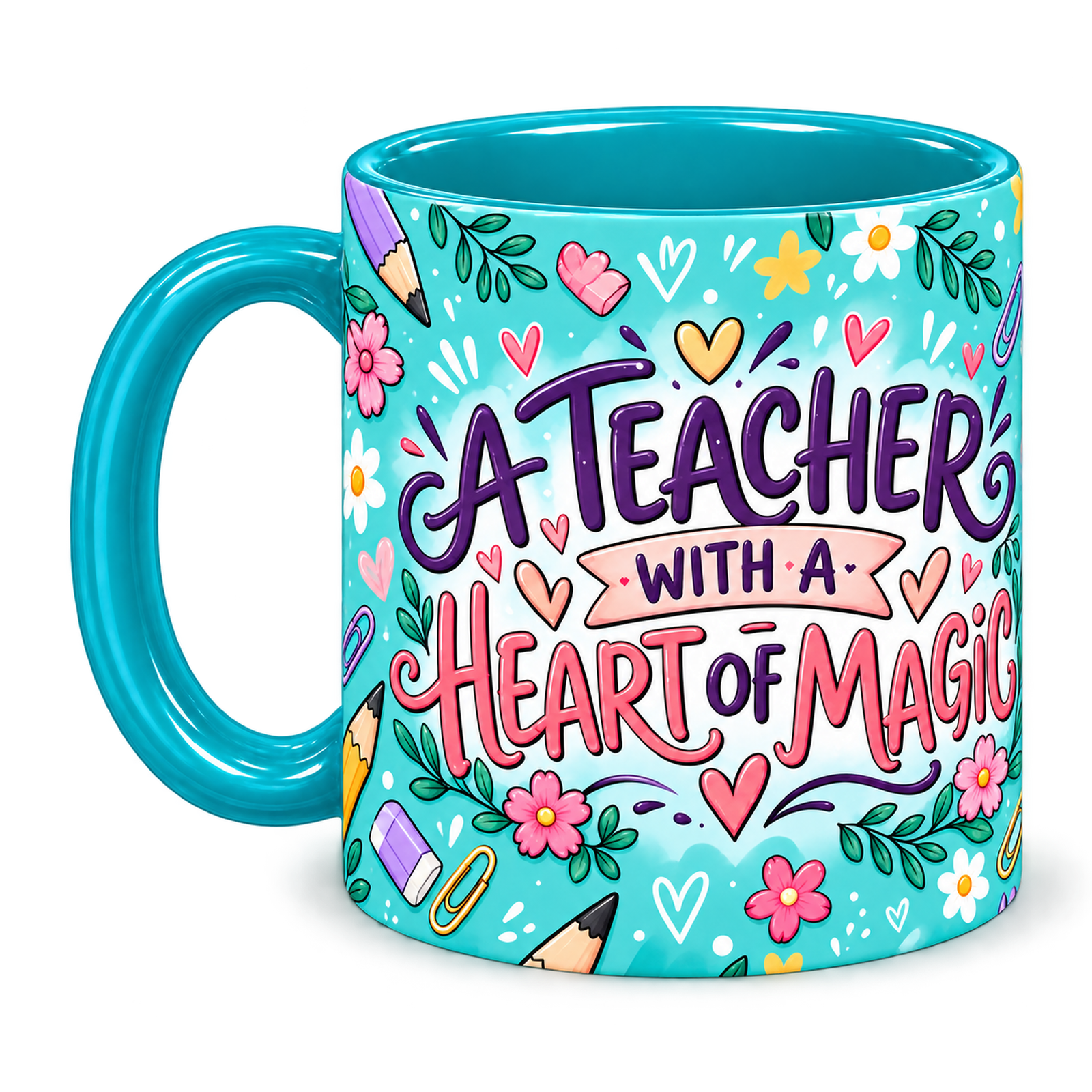 Turquoise Stationery Pocket Teacher Mug, teal – handle on the left, A TEACHER WITH A HEART OF MAGIC