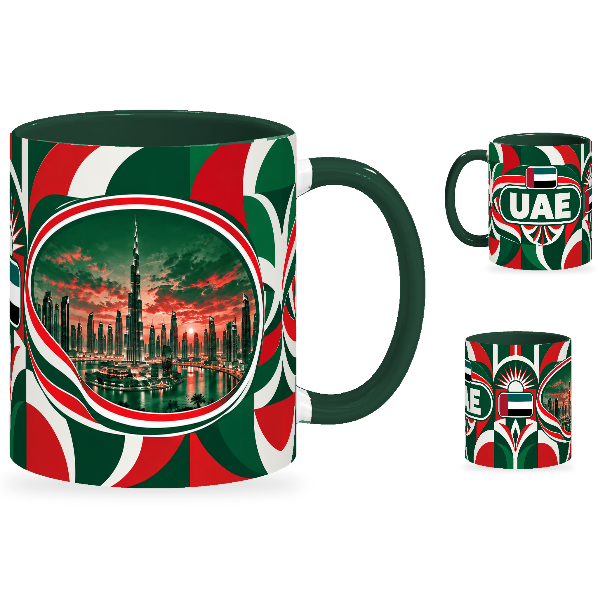 UAE Mug – 320ml with dark green handle, showing the landmark side plus companion country-name and centered-flag views of the glossy full-wrap design by Fann Bliss.