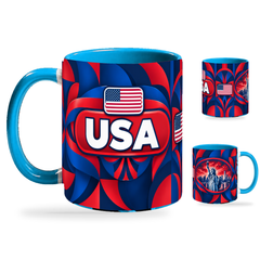 USA Mug – 320ml with light-blue handle, showing the country-name side plus companion centered-flag and landmark views of the glossy full-wrap design by Fann Bliss.