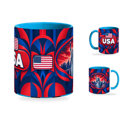 USA Mug – 320ml with light-blue handle, showing the centered flag view plus companion country-name and landmark views of the glossy full-wrap design by Fann Bliss.