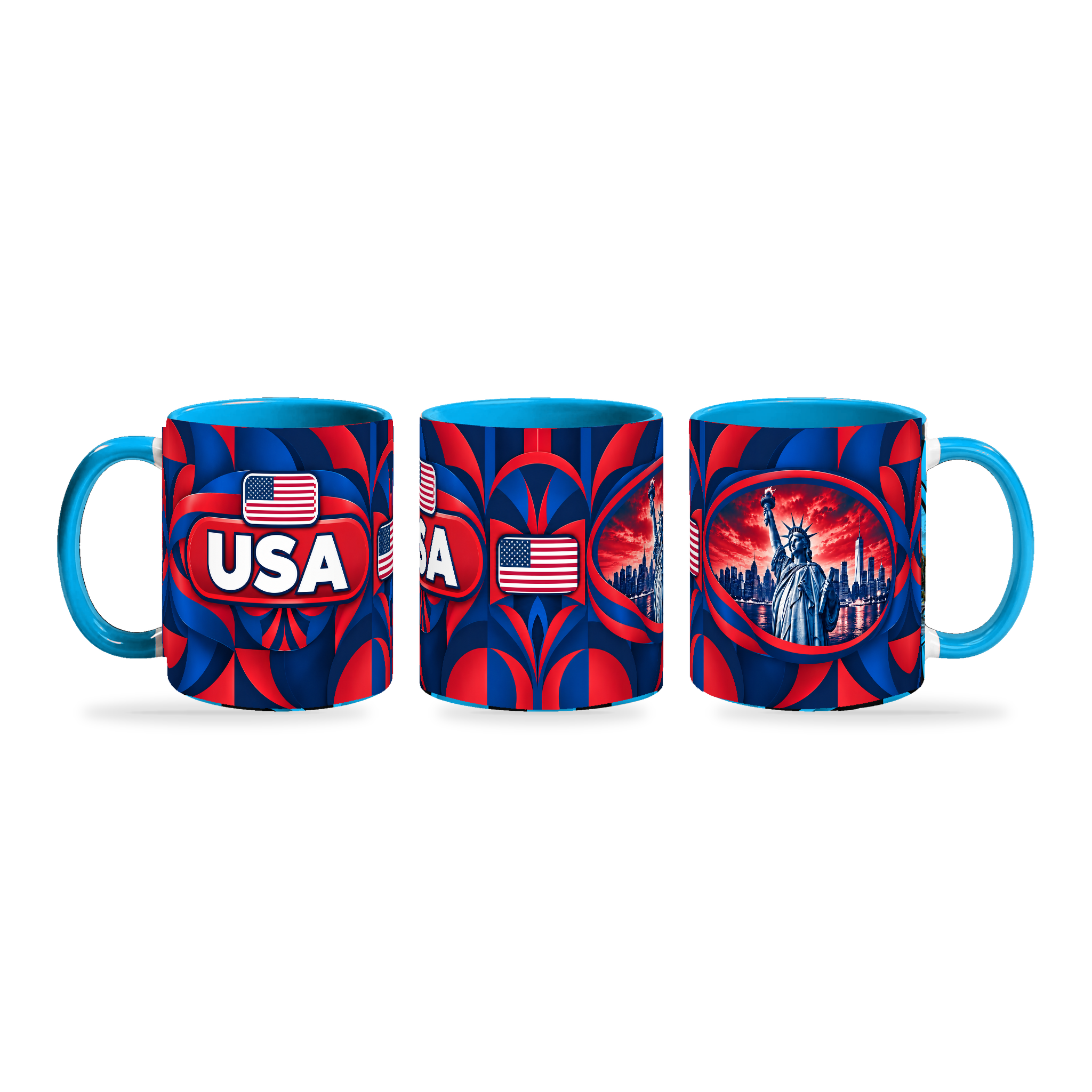 USA Mug – 320ml with light-blue handle, shown in three matching angles of the glossy full-wrap design by Fann Bliss.