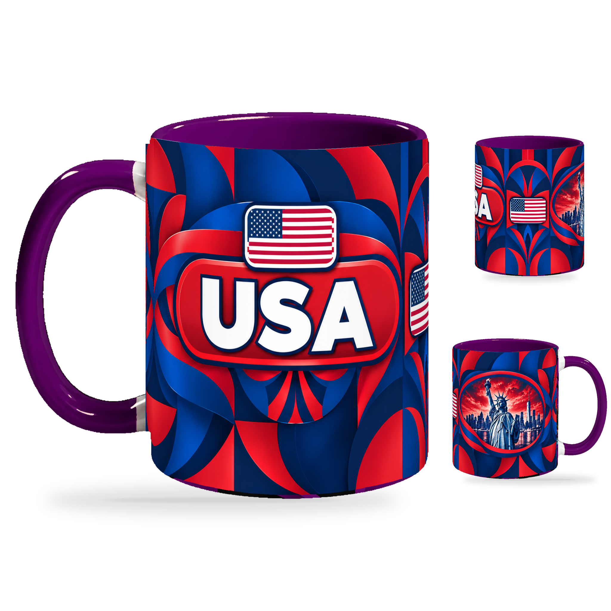 USA Mug Purple – 320ml with purple handle, showing the country-name side plus companion centered-flag and landmark views of the glossy full-wrap design by Fann Bliss.