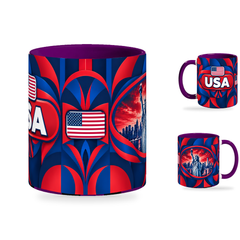 USA Mug Purple – 320ml with purple handle, showing the centered flag view plus companion country-name and landmark views of the glossy full-wrap design by Fann Bliss.