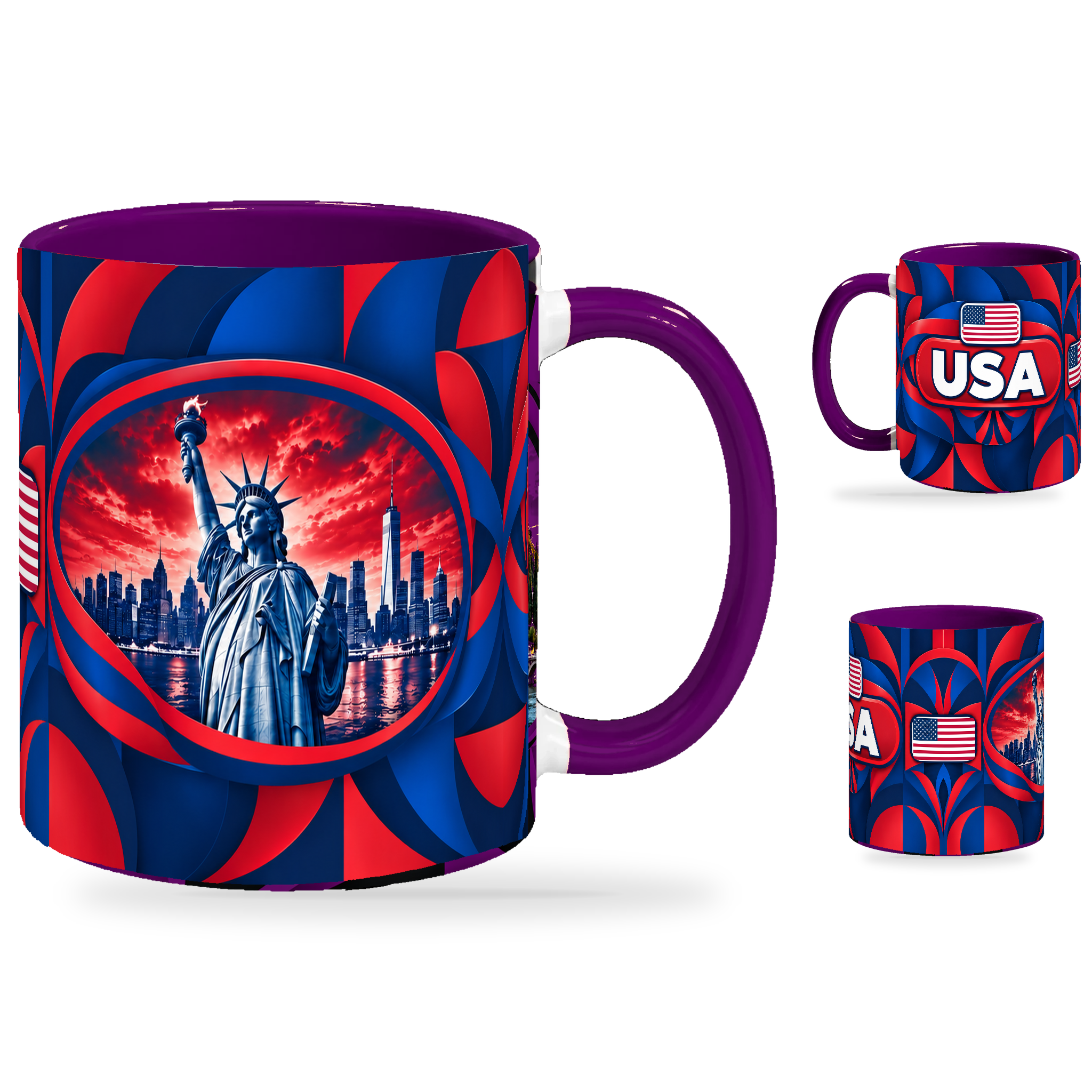 USA Mug Purple – 320ml with purple handle, showing the landmark side plus companion country-name and centered-flag views of the glossy full-wrap design by Fann Bliss.